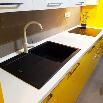 Chiuveta bucatarie granit Neagra / Black Metal quartz reversibila stanga/dreapta cu picurator + accesorii montaj, 780x500x200 mm, cod 6053